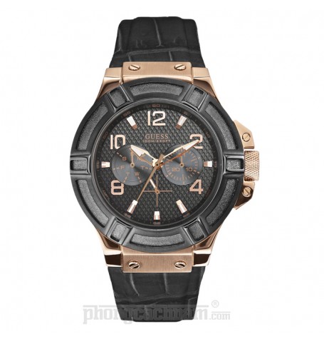 Đồng hồ nam Guess - Sporty Black Leather Strap / Rose Gold Case / Black Dial 45mm